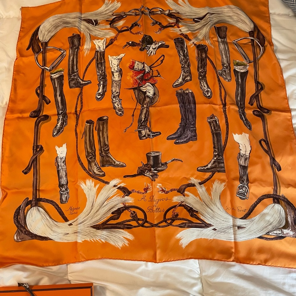 Hermes A Propos Le Bottes Equestrian Boots Silk Scarf in iconic orange